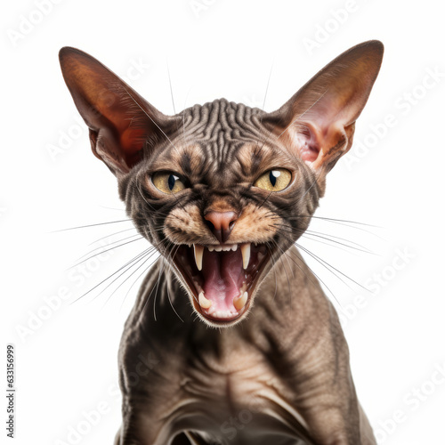 Angry Peterbald Cat Hissing Aggressively on White Background