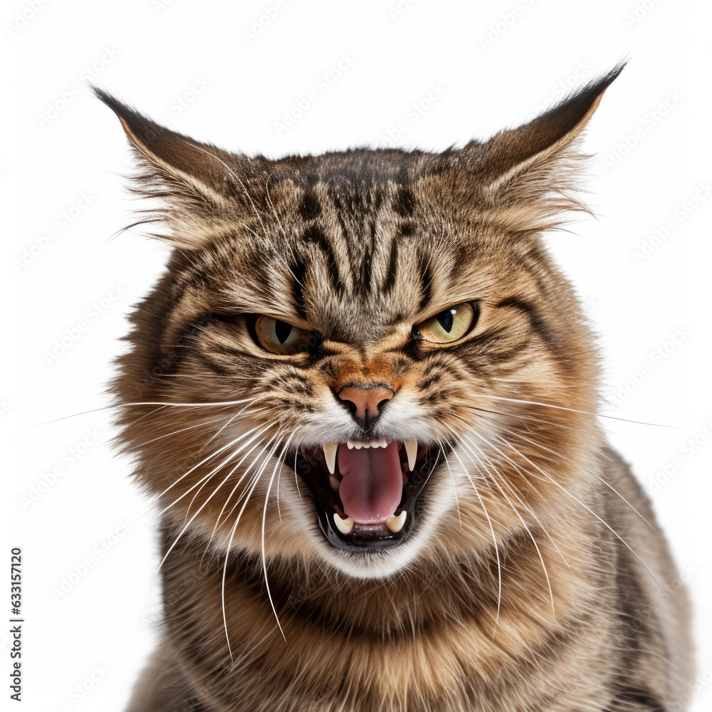 Obraz premium Angry Pixiebob Cat Hissing Aggressively on White Background