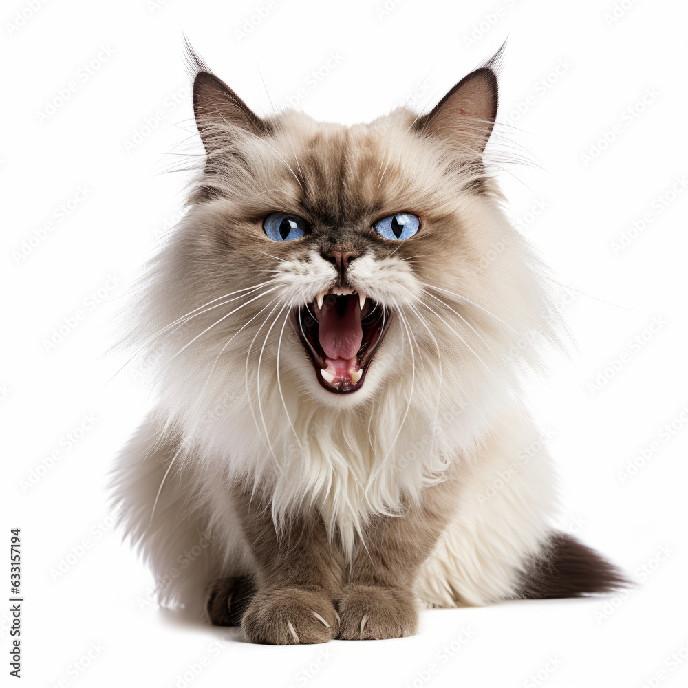 Angry Ragdoll Cat Hissing Aggressively on White Background