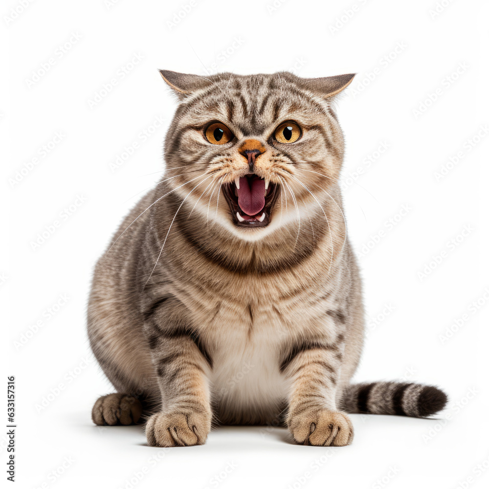 Angry Scottish Fold Cat Hissing Aggressively on White Background