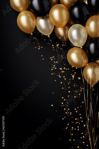 Party balloons, decoration background for birthday, anniversary, wedding, holiday, beige, black and gold glitter color composition, with space for text