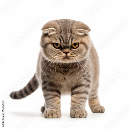 Angry Scottish Fold Cat Hissing Aggressively on White Background