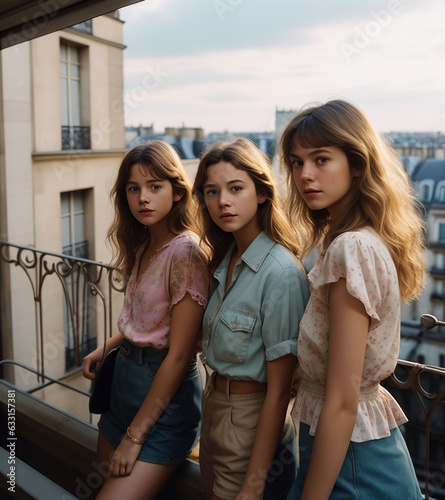 Three young friends on a balcony in Paris. Generative AI.