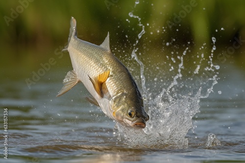 Close up a fish jumping with splashes out of the water lake