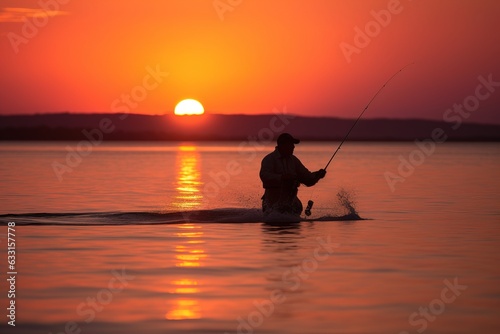 A fisherman fishing in a boat on a lake with fog during sunset