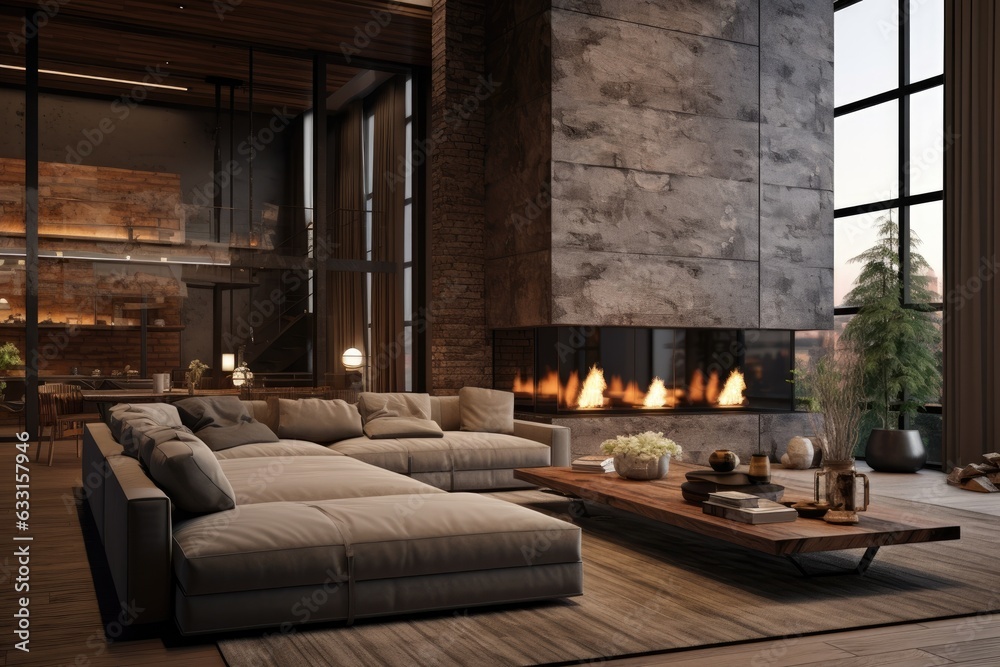 A contemporary interior design with a loft style living room, featuring a modern and sleek look. The color scheme incorporates shades of gray and brown, creating a sophisticated and cozy atmosphere