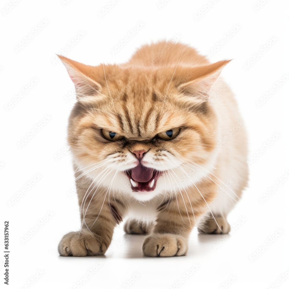 Angry Munchkin Cat Hissing Aggressively on White Background