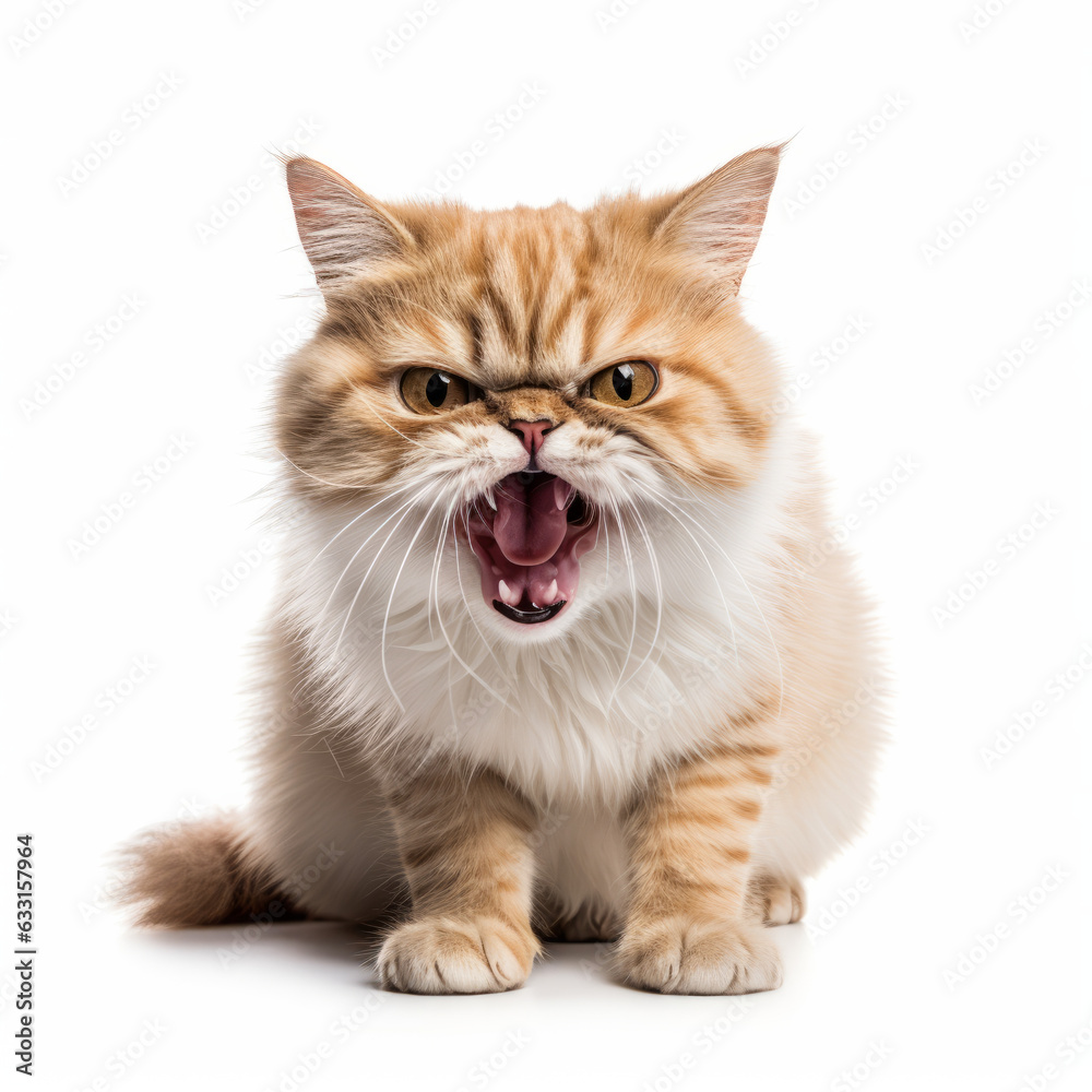 Angry Munchkin Cat Hissing Aggressively on White Background