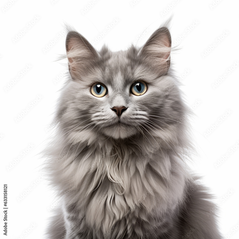 Smiling Nebelung Cat with White Background - Isolated Portrait Image