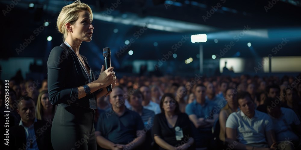 Fototapeta premium Speaker Woman Performing on Stage and Speaking to Large Audience, Event Professional.