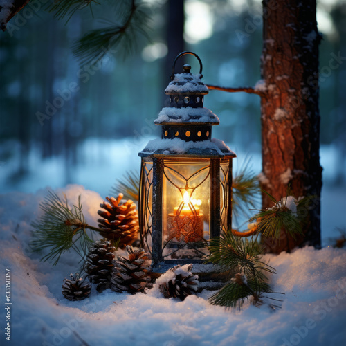 Christmas lantern on snow with fir branch in evening scene © Guido Amrein