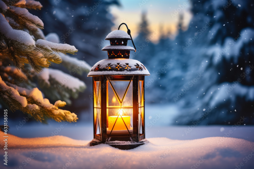 Christmas lantern on snow with fir branch in evening scene Christmas lantern on snow with fir branch in evening scene
