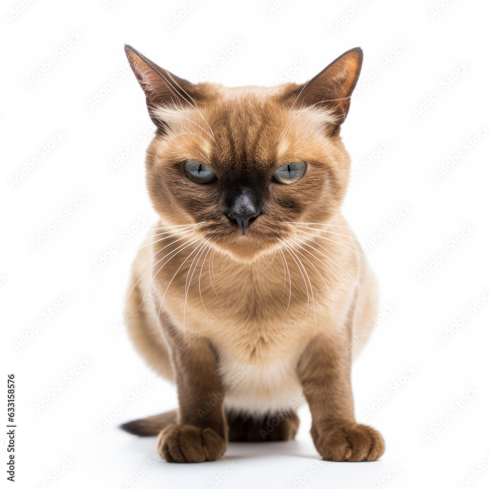 Angry Burmese Cat Hissing Aggressively on White Background