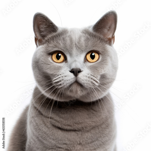 Confused British Shorthair Cat with Tilted Head on White Background