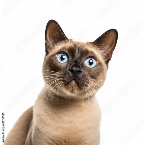 Confused Burmese Cat with Tilted Head on White Background