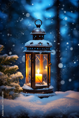 Christmas lantern on snow with fir branch in evening scene