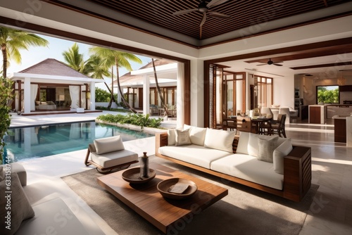 Luxurious interior design can be seen in the living room of these pool villas, featuring a spacious and well lit area with a high ceiling and a dining table. This elegant space exudes an open and airy © 2rogan