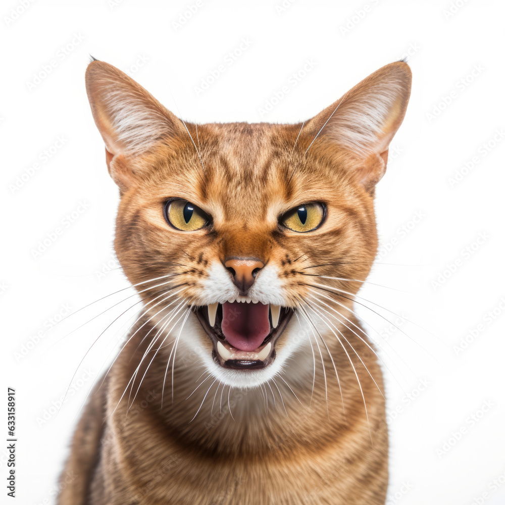 Angry Chausie Cat Hissing Aggressively on White Background Angry Chausie Cat Hissing Aggressively on White Background