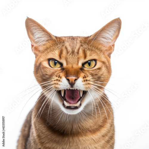 Angry Chausie Cat Hissing Aggressively on White Background