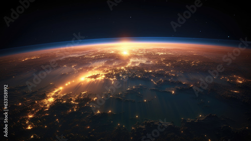 Planet Earth at night with city light illumination. View from space. 