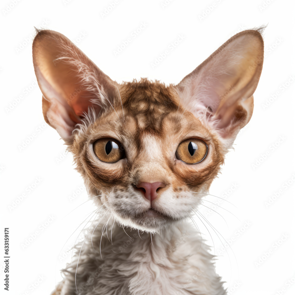 Confused Devon Rex Cat with Tilted Head on White Background