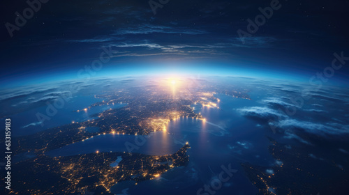Planet Earth at night with city light illumination. View from space.  photo