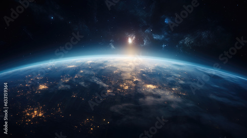 Planet Earth at night with city light illumination. View from space. 