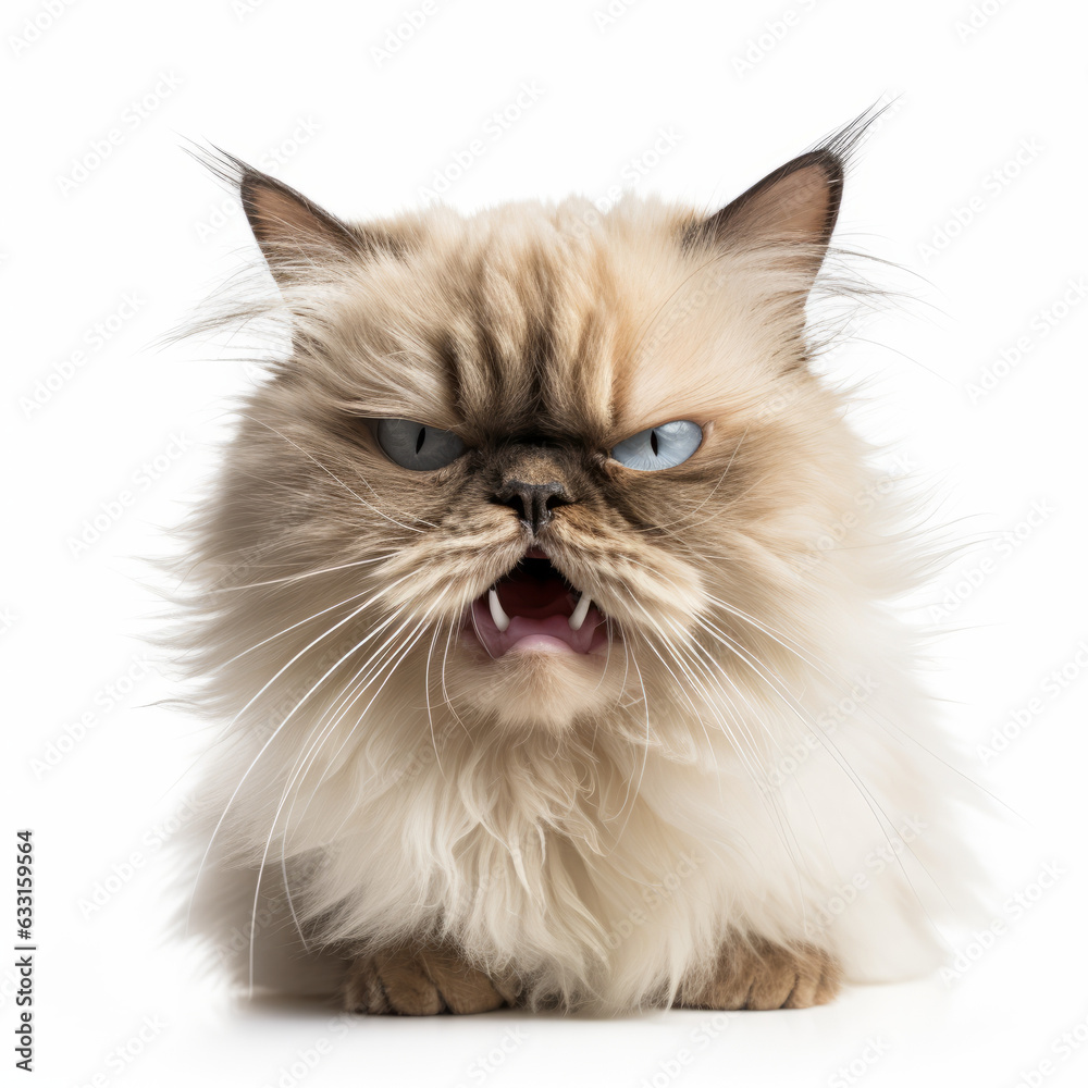 Angry Himalayan Cat Hissing Aggressively on White Background