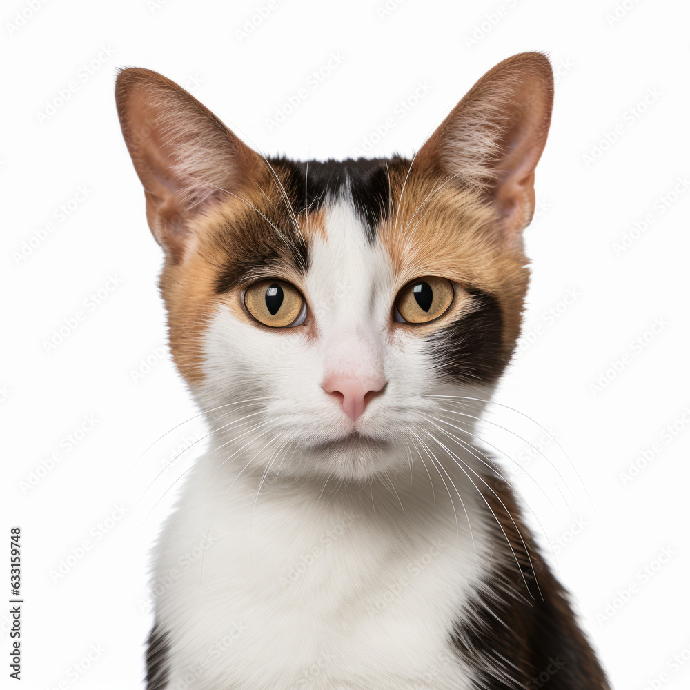 Isolated Japanese Bobtail Cat with Visibly Sad Expression on White Background Isolated Japanese Bobtail Cat with Visibly Sad Expression on White Background
