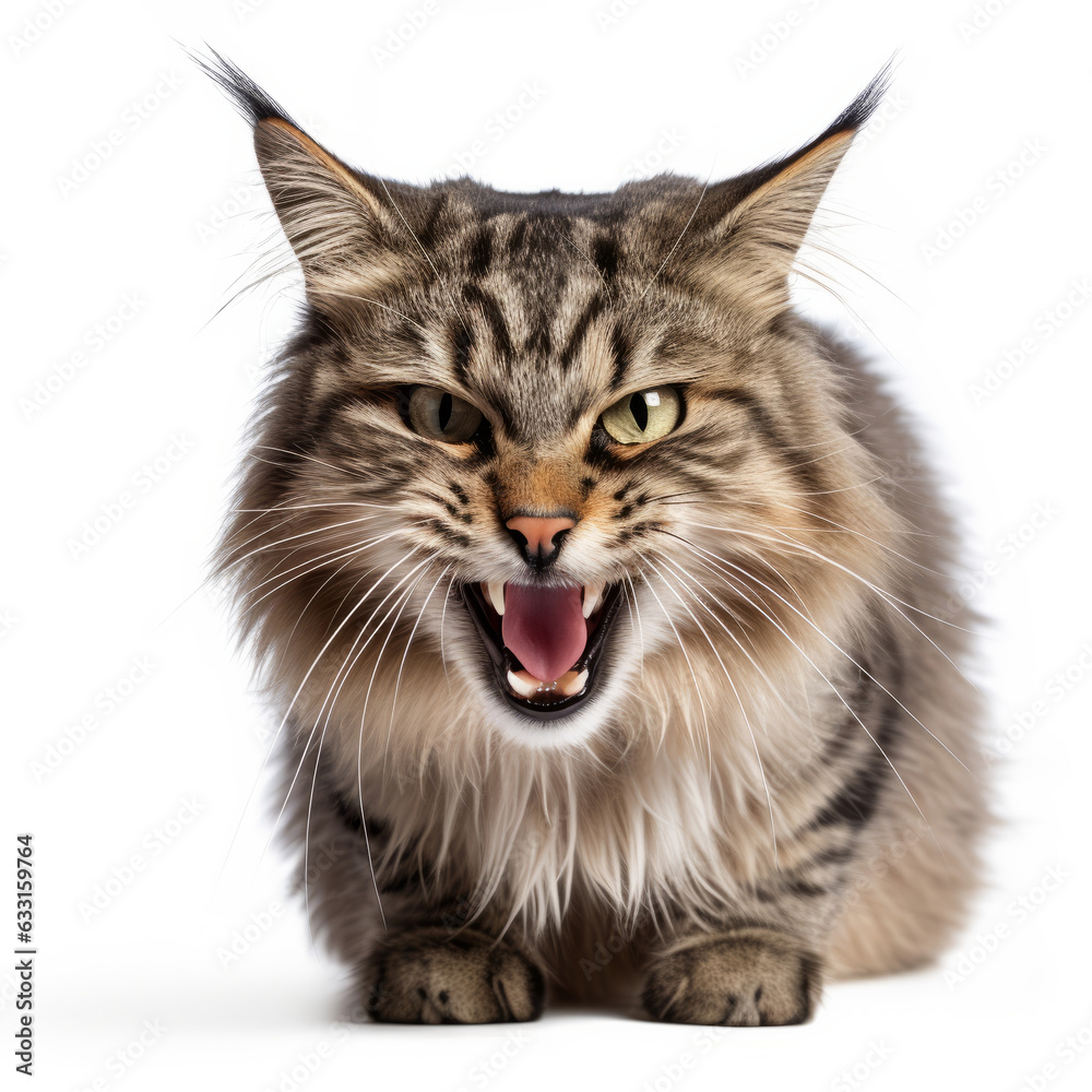 Angry Kurilian Bobtail Cat Hissing Aggressively on White Background