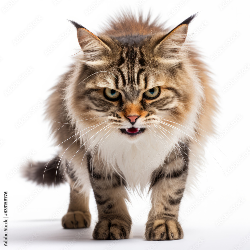 Angry Kurilian Bobtail Cat Hissing Aggressively on White Background