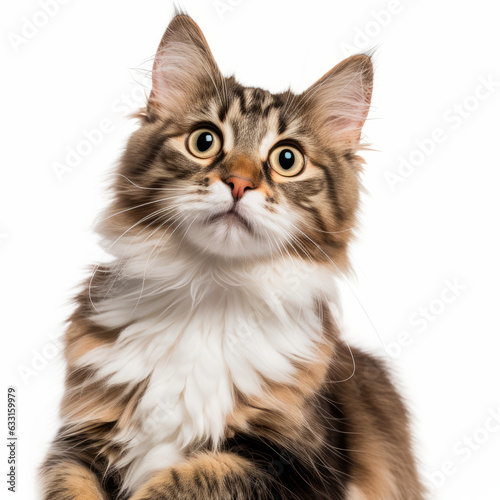 Confused American Curl Cat with Tilted Head on White Background