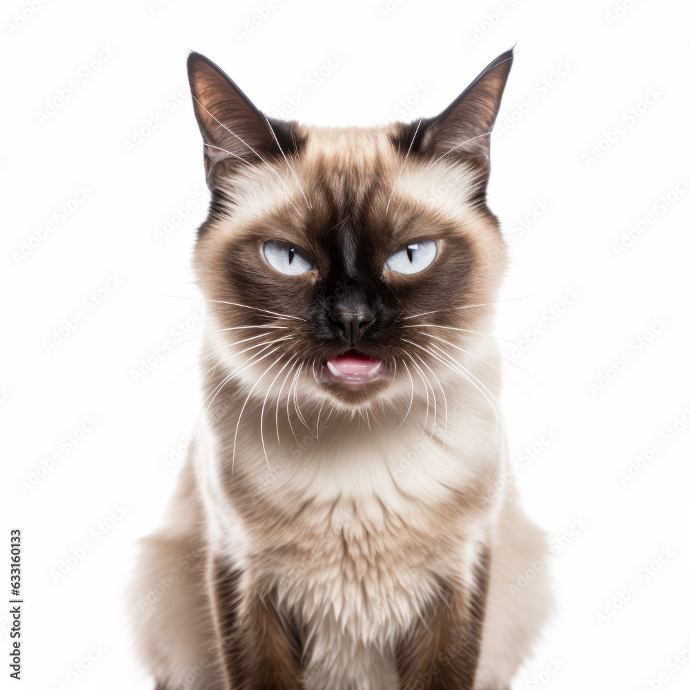 Angry Balinese Cat Hissing Aggressively on White Background