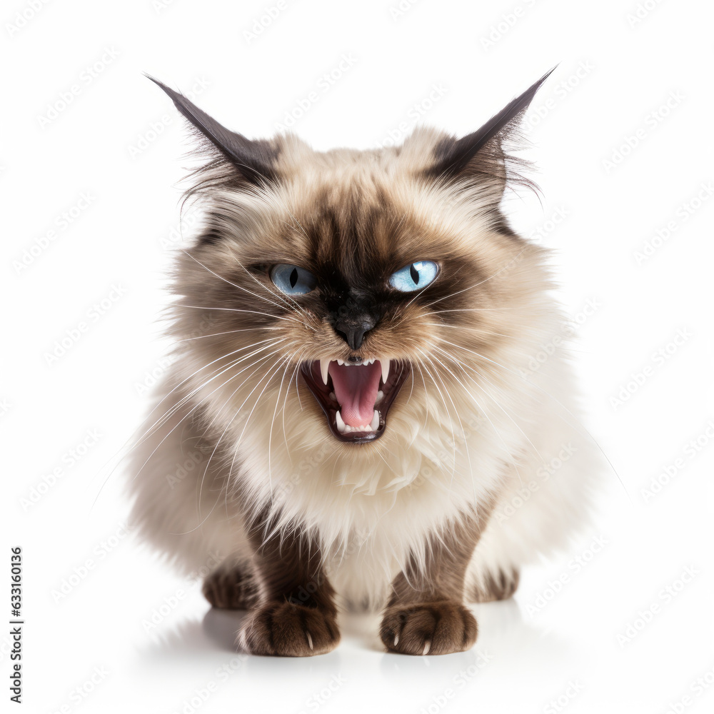 Angry Balinese Cat Hissing Aggressively on White Background