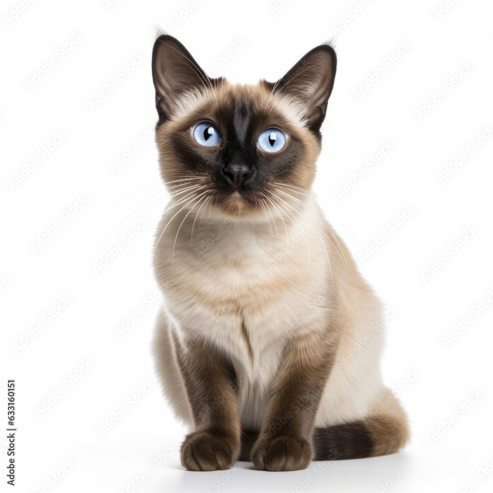 Confused Balinese Cat with Tilted Head on White Background