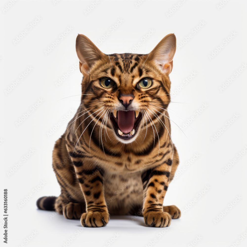 Angry Bengal Cat Hissing Aggressively on White Background