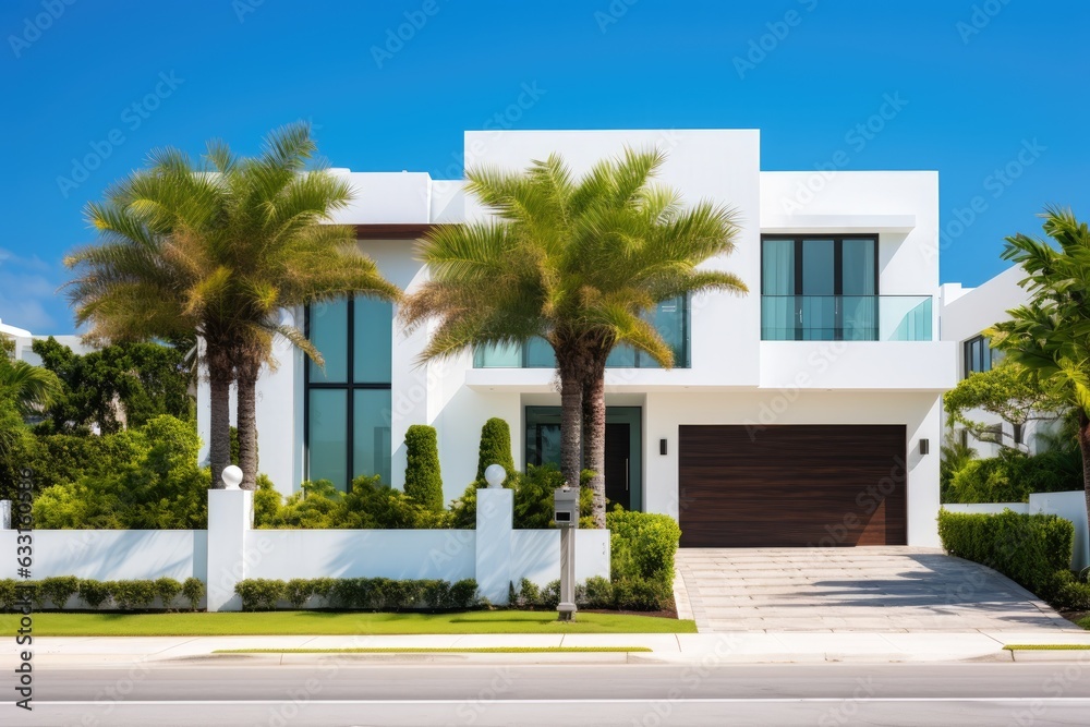 The front of a stylish contemporary home in the Riviera Isles area of Miami, featuring a private wall, a driveway leading to the garage, a balcony, black tiles, lush tropical plants, and neatly