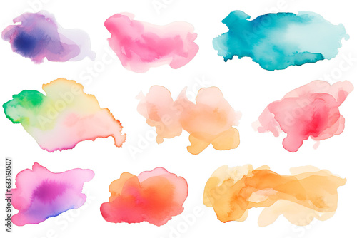 Watercolor brushstrokes in different colors on white transparent background