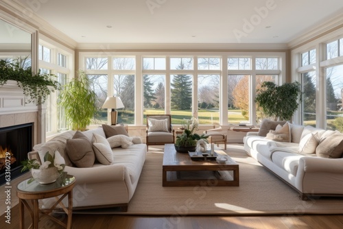 The living room in this new luxury home is adorned with exquisite furnishings and features glistening hardwood floors. A cozy fireplace crackles, spreading warmth throughout the room, while providing