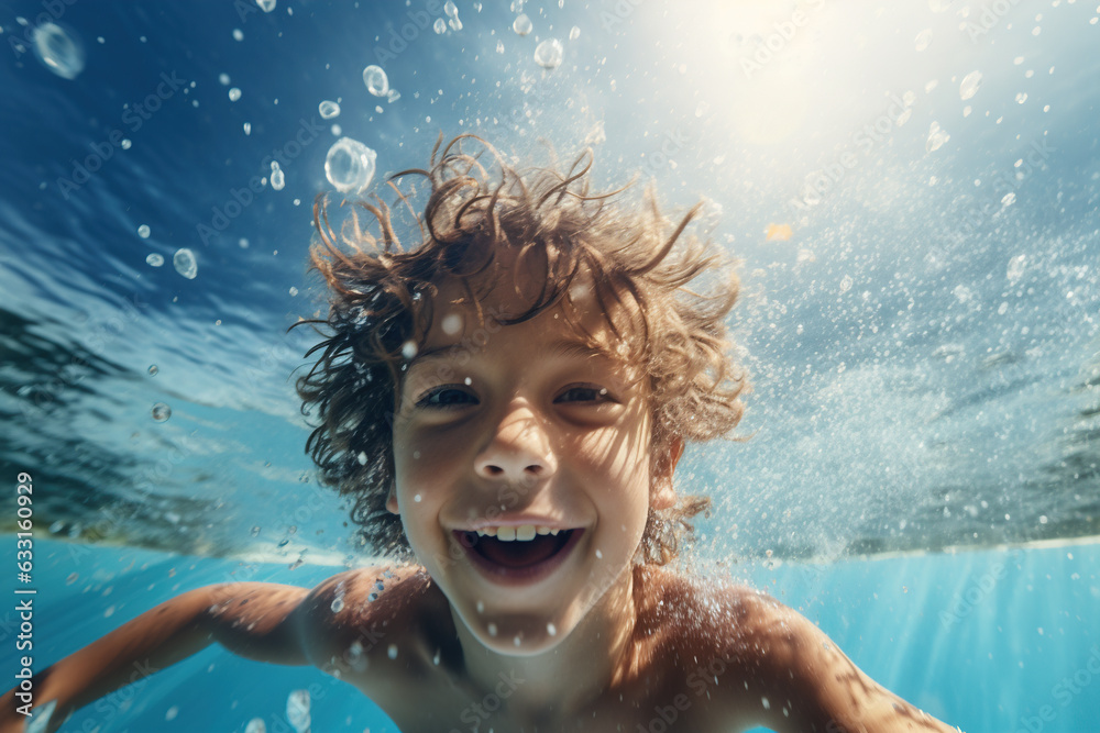 Happy kid have fun in swimming pool. swimming under water, Funny child swim, dive in pool jump deep down underwater from poolside