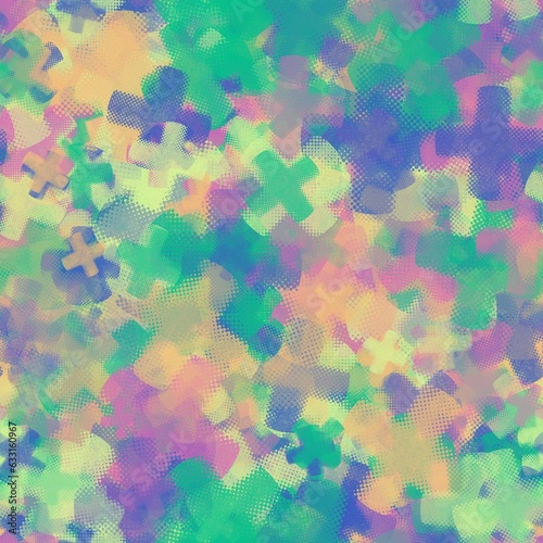Plus signs with halftone texture. Multicolored bright background. Seamless pattern.