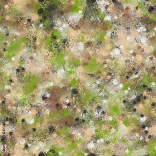 Green, brown, black, white and sand colored chaotic brush strokes. Small circles and abstract shapes. Seamless pattern.