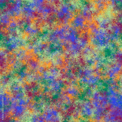 Abstract vibrant brush strokes, stars and galaxy imitation. Seamless pattern. Blue, green, orange and red colors.