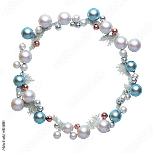 Minimalistic Christmas greeting card with scattered silver and blue baubles on a transparent background providing space for wishes