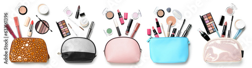 Set of makeup bags with decorative cosmetics and accessories on white background