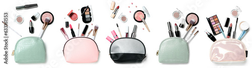 Set of makeup bags with decorative cosmetics and accessories on white background
