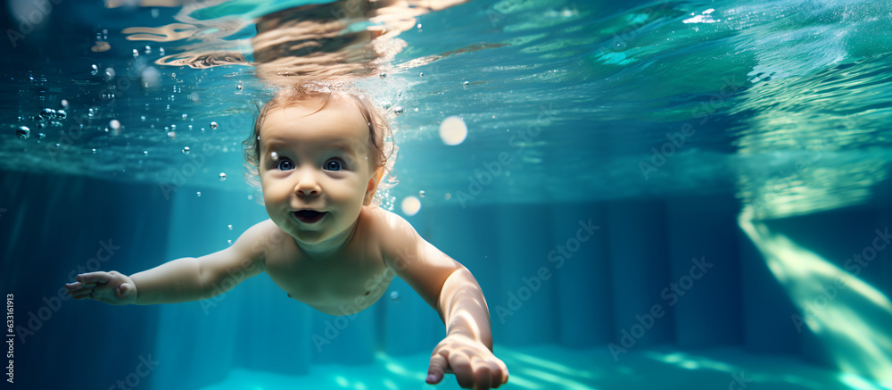 teaching babies how to swim, Babies swiming for the first time, Kid swimming, Baby Boy With Family On Summer Holiday Swimming Underwater In Pool
