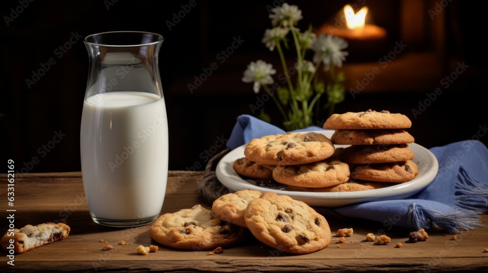 Photo of a plate of fresh-baked cookies and a glass of milk, perfect for a cozy afternoon snack Photo of a plate of fresh-baked cookies and a glass of milk, perfect for a cozy afternoon snack
