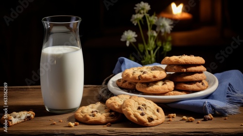 Photo of a plate of fresh-baked cookies and a glass of milk, perfect for a cozy afternoon snack