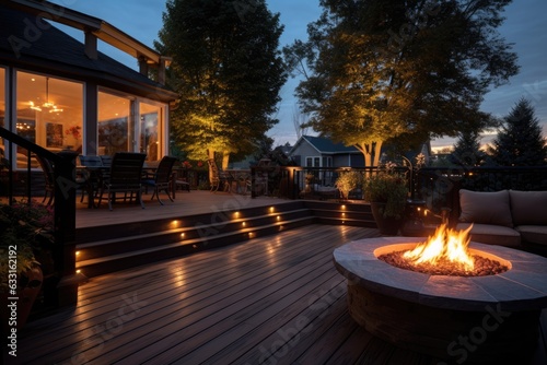 An outdoor deck equipped with a spacious gas fire pit that is openly designed Fototapet